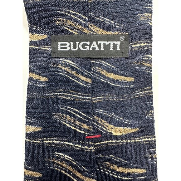 Bugatti Mens Silk Tie Navy & Gold Wave Pattern Made In USA - Picture 7 of 7